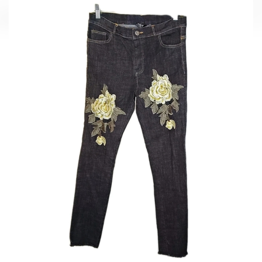 TovLA Floral Embroidered Skinny Jeans M 30/28" Black Stretch Denim Mid Rise Nwt